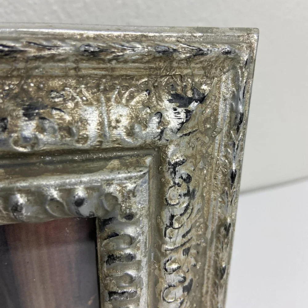Vintage Heavy Picture Frame Silver Patina Glass
